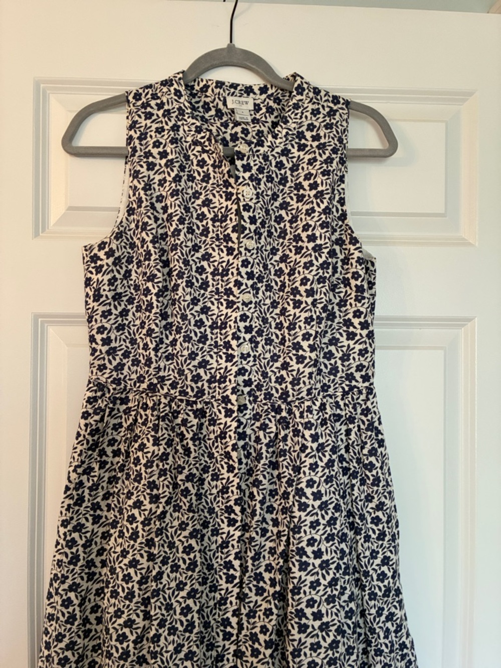 J. Crew Navy and Cream Sleeveless Floral Button-Front Dress